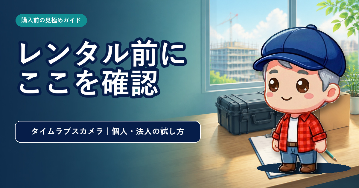 タイムラプスカメラをレンタル前に確認する方法を案内するこんとりキャラ入りアイキャッチ
