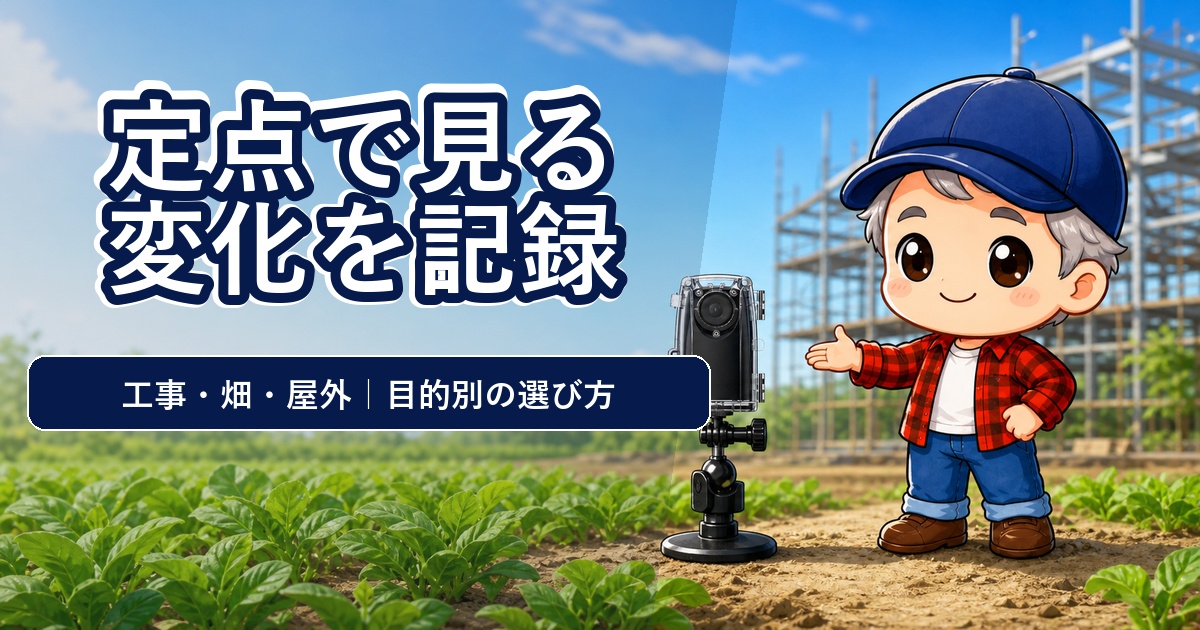 BCC300-Cを案内するこんとりキャラと畑、建設現場で、定点とタイムラプスの目的別の選び方を示す記事アイキャッチ