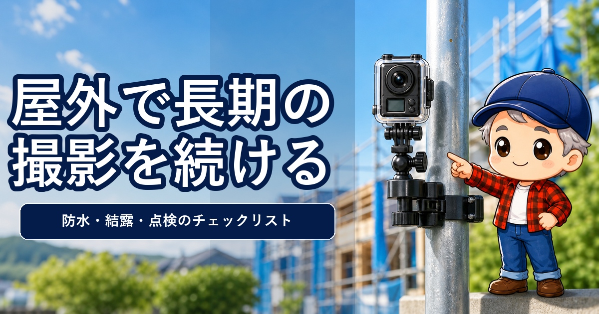 屋外で長期間タイムラプス撮影を続けるための防水・結露・点検のチェックリストを示すアイキャッチ