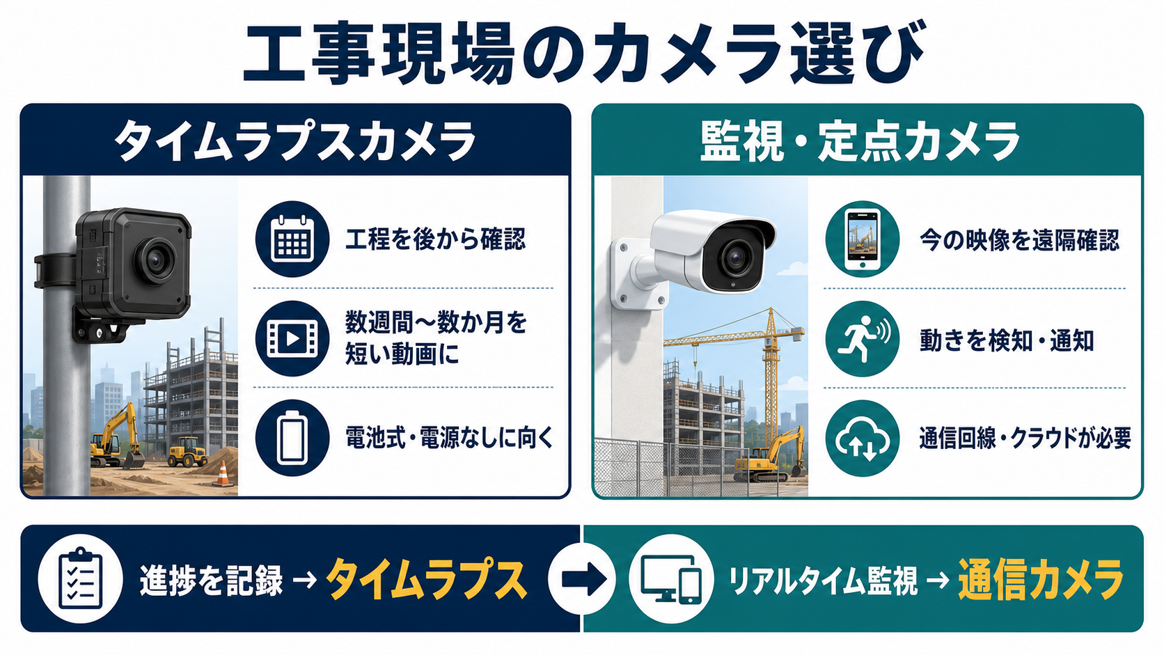 工事現場におけるタイムラプスカメラと監視カメラの目的の違い