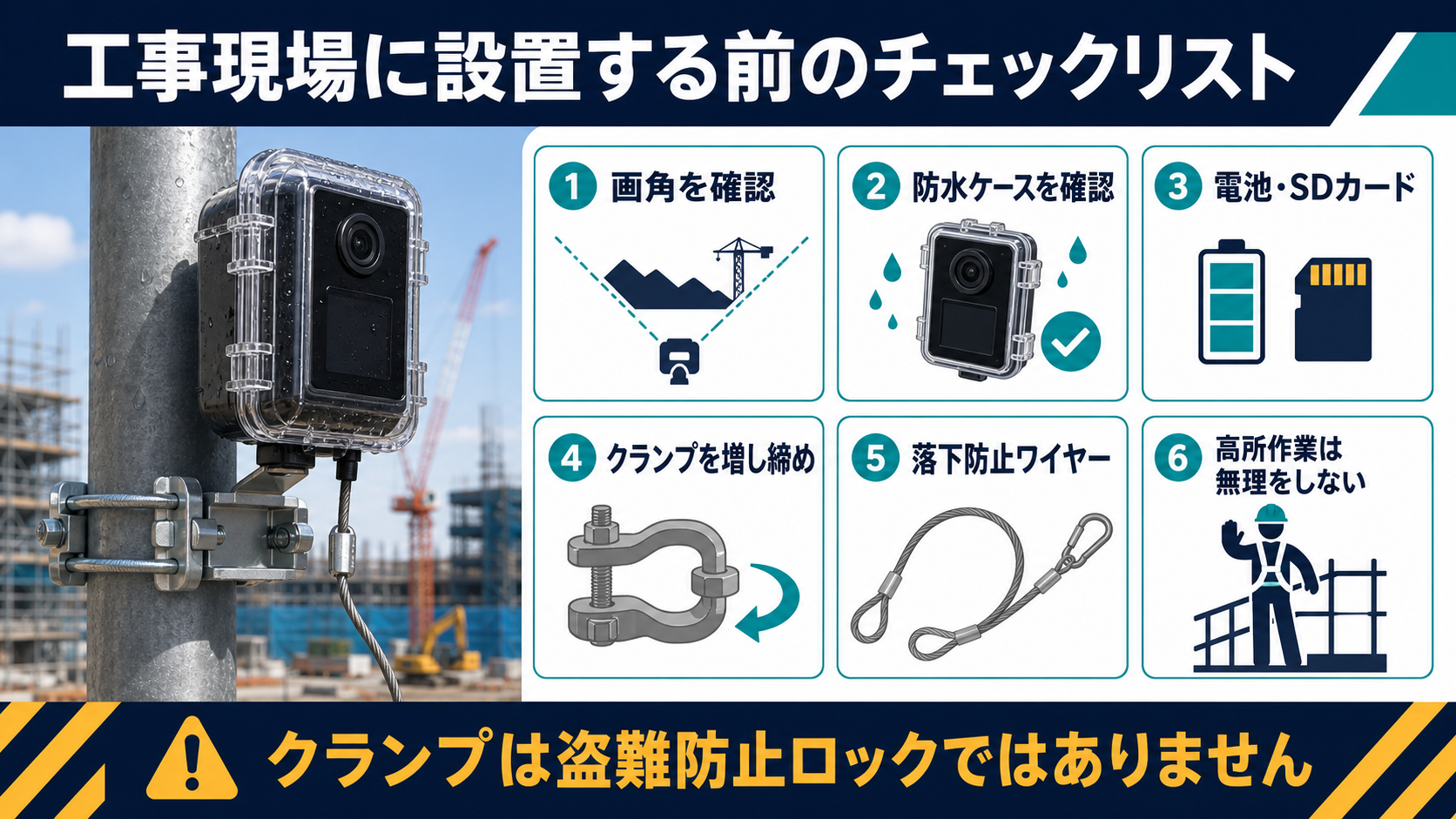 工事現場でタイムラプスカメラを設置する前の安全チェックリスト